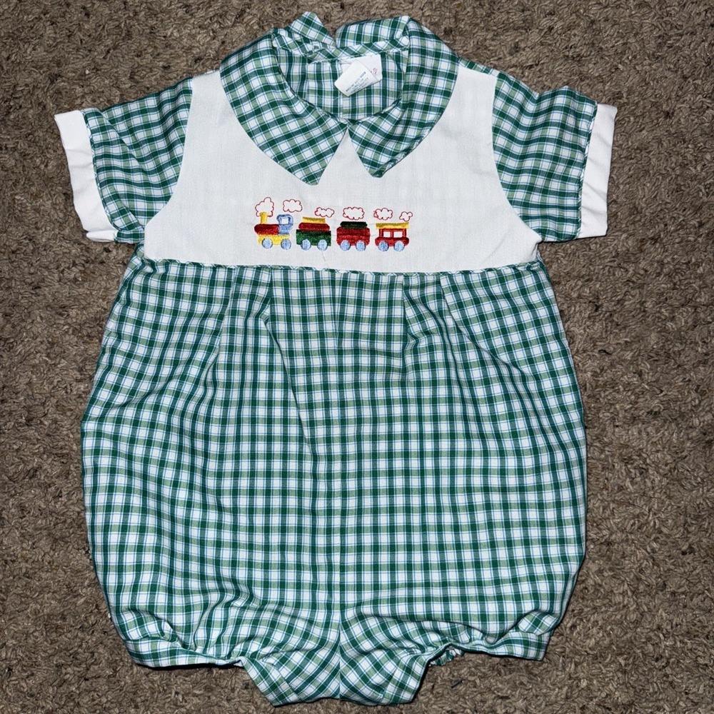 Vintage Alexis Romper Baby Boy 18 Mo Green Gingham Embroidered Trains USA Made